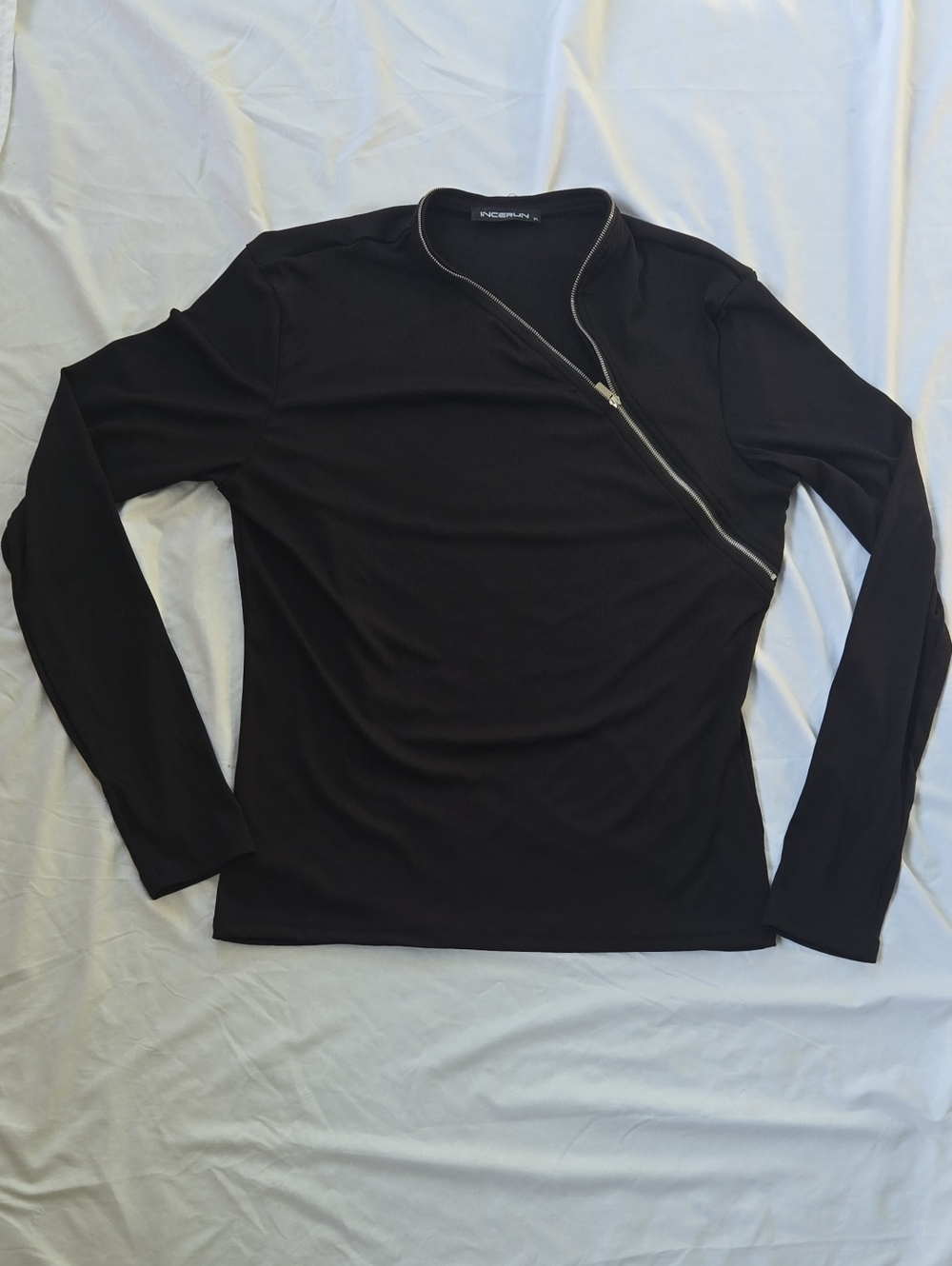 Men's/Unisex Alternative Style Black Thin Ribbed Zipup Shirt, Asymmetrical Zip